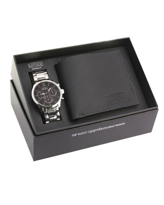Mens Republic Watch Set W/ Leather Wallet - Black